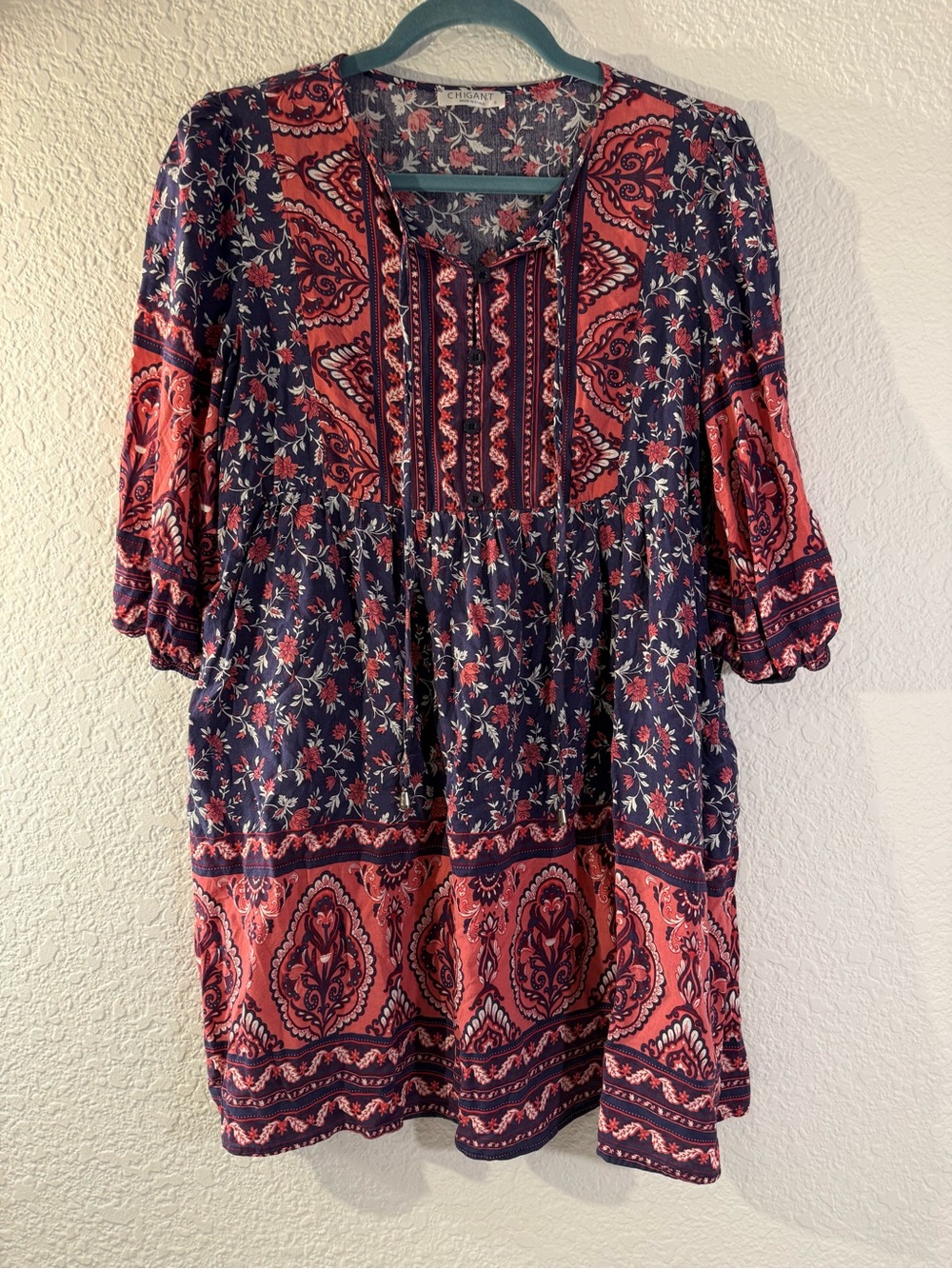 Chigant Casual Swing Dress Floral Paisley Boho Size S blue, pink and‎ white